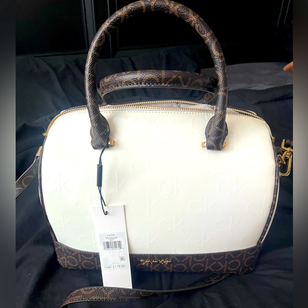 Calvin Klein White and Brown Satchel purse